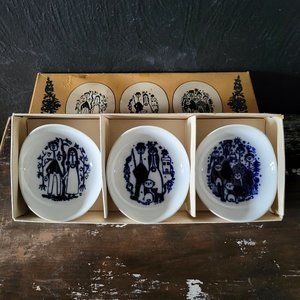 Porsgrund Norway Porcelain Cobalt Blue Old Story Snack Dishes, Trinket Dishes